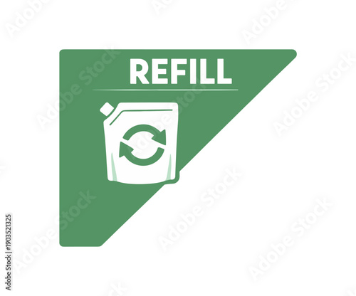 Flat vector corner callout sticker green triangular corner label REFILL simple white pouch with arrows pictogram centered within triangle