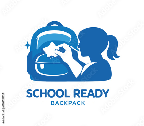 Single flat vector icon of mother clipping badge on backpack: rounded backpack with small badge cutout mother silhouette hand attaching it one tiny sparkle dot stylish modern cutout look