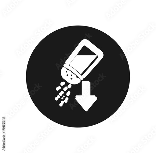 Flat vector icon only micro badge small solid black circle containing single simple white pictogram salt shaker with down arrow