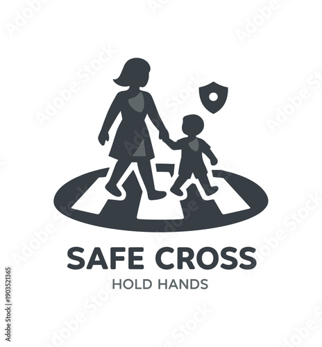 Single flat vector icon of mother and child crossing street: rounded crosswalk with three stripes mother and child silhouettes holding hands tiny safety shield dot stylish modern cutout