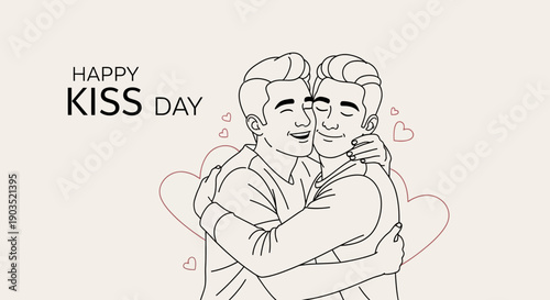 Happy Kiss Day couple embracing with love and hearts.