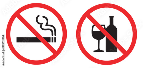 No Smoking And No Alcohol Icons Set, Red Prohibition Symbols Vector Editable Health Safety Warning Signs White Background Design