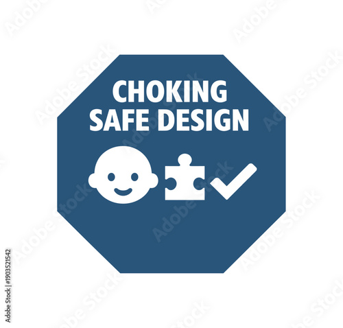 Flat vector octagon badge solid deep slate octagon background CHOKING SAFE DESIGN simple white baby face with puzzle piece and checkmark