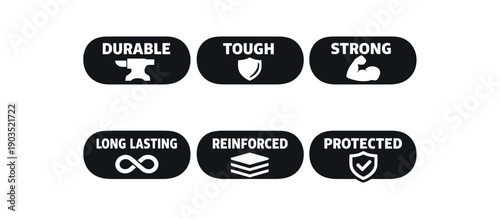 Flat vector pill badge solid black rounded capsule background simple white then list six badge texts and explicitly one sentence using: badge texts and : DURABLE anvil TOUGH shield STRONG
