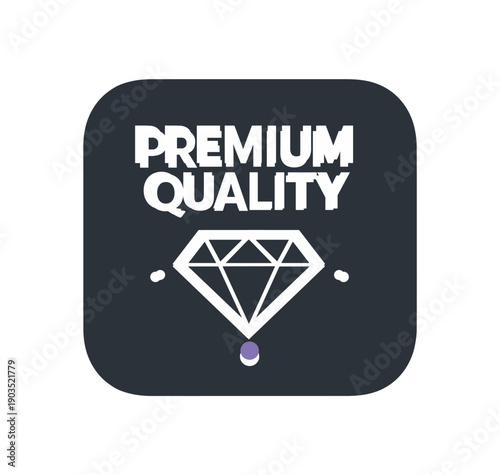 Flat vector rounded badge () PREMIUM QUALITY simple white pictogram diamond gem below text tiny muted purple accent dot