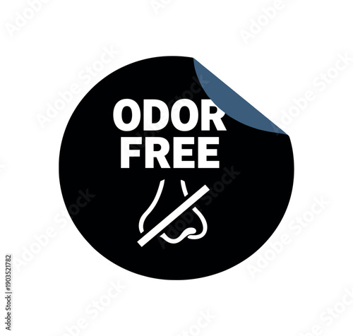 Flat vector sticker peel badge solid black sticker with peeled corner muted navy ODOR FREE simple white nose with slash