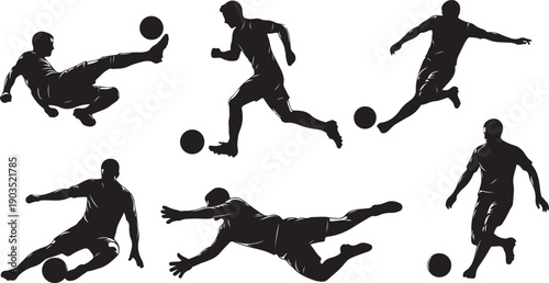 Silhouettes of soccer players in various dynamic movements action