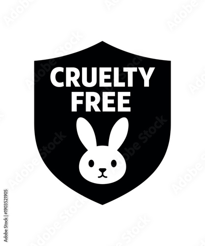 Flat vector shield badge solid black shield background CRUELTY FREE simple white pictogram bunny head below text