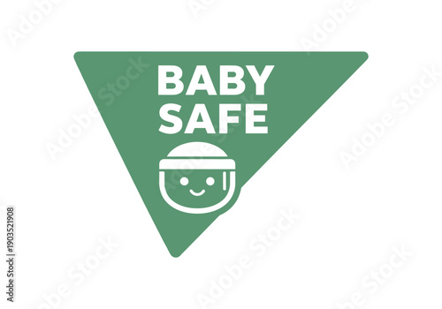 Flat vector corner callout sticker green triangular corner label BABY SAFE simple white baby face shield pictogram centered within triangle