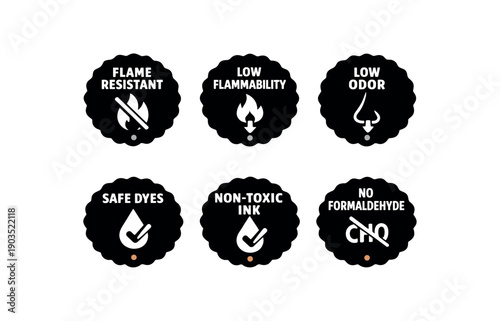 Flat vector seal stamp badge simple white tiny muted accent dot badge texts and : FLAME RESISTANT flame slash LOW FLAMMABILITY flame down arrow LOW ODOR nose down arrow SAFE DYES droplet