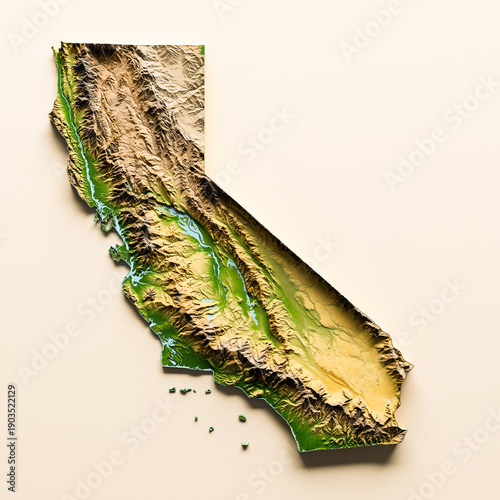 3D Topographic Map of California Featuring Sierra Nevada Relief and Central Valley