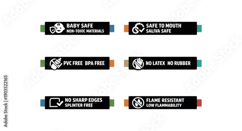 Flat vector label strip badge white bold uppercase long text simple white pictogram beside text small muted accent tabs badge texts and : BABY SAFE NON TOXIC MATERIALS baby face shield