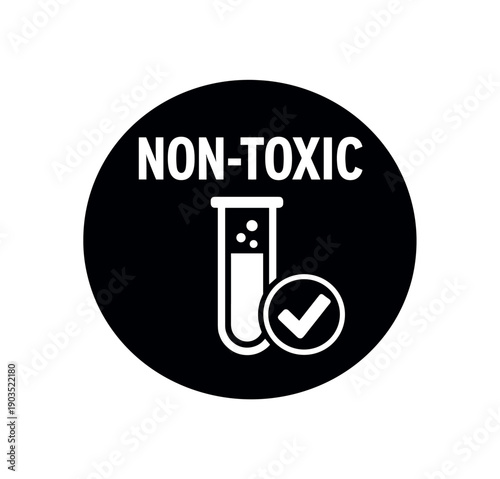 Flat vector badge NON TOXIC simple white test tube with checkmark
