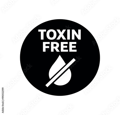 Flat vector badge TOXIN FREE simple white droplet with slash