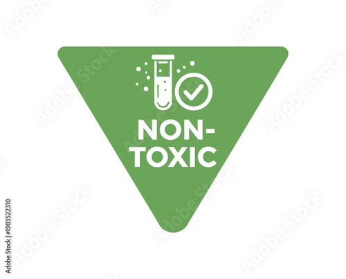 Flat vector corner callout sticker green triangular corner label NON TOXIC simple white test tube checkmark pictogram centered within triangle