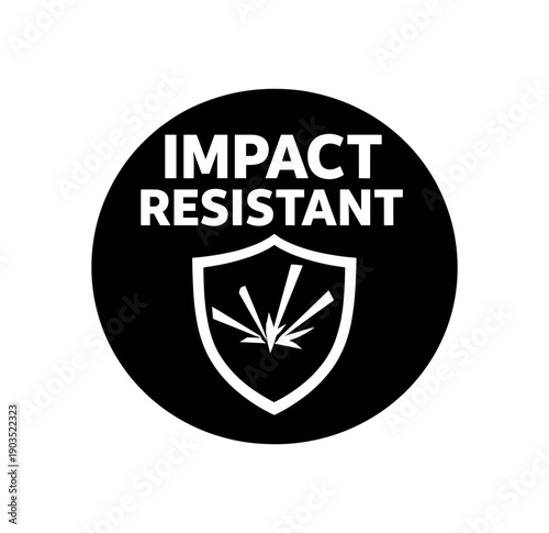 Flat vector badge IMPACT RESISTANT simple white shield with удар lines