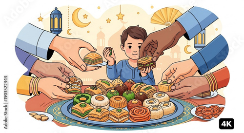 Happy boy enjoying traditional middle eastern sweets with family during ramadan festive food spread
