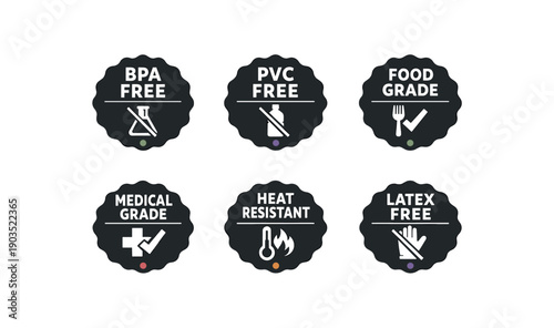 six separate flat vector seal stamp badges each badge solid black scalloped edge circle with and simple white pictogram below tiny muted dot accent evenly spaced texts/: BPA FREE flask
