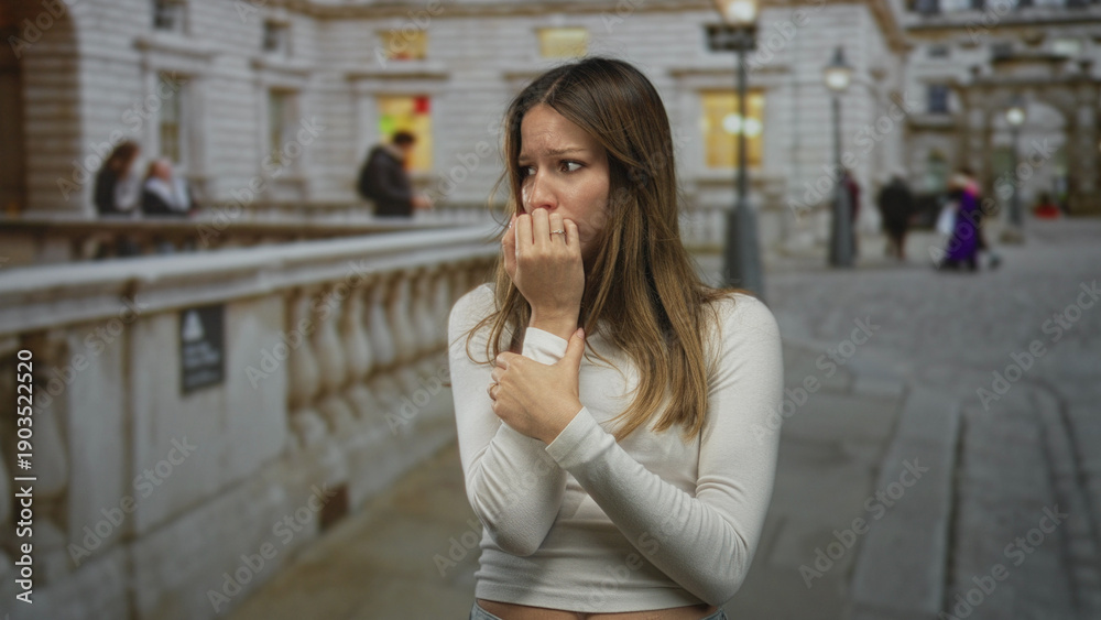 Fototapeta premium Woman bites nails with hand to chest on crowded city street beside stone building and lamppost; anxiety vulnerability.