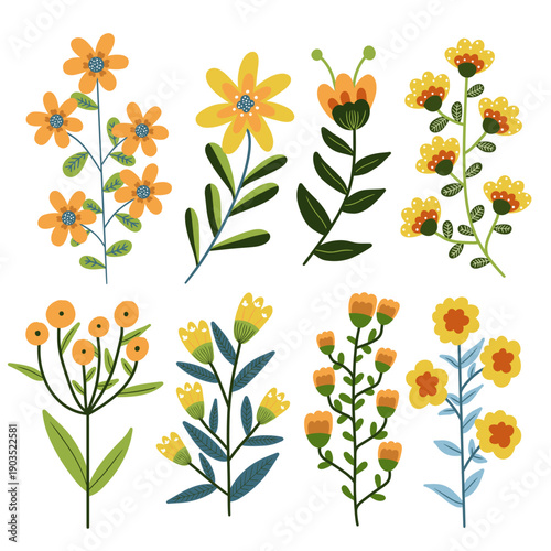 Set of Colorful Hand Drawn Folk Art Floral Bouquets and Botanical Elements