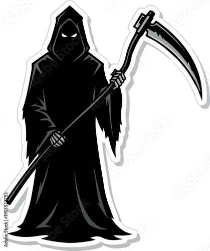 Isolated Grim Reaper silhouette with scythe. Halloween sticker. Cartoon illustration on white background.