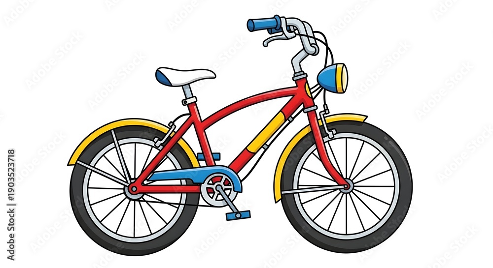 Fototapeta premium Red two-wheeled bicycle. Bright cartoon bicycle with hand brake and headlight. Transport vehicle illustration vector isolated on white background. , white background.