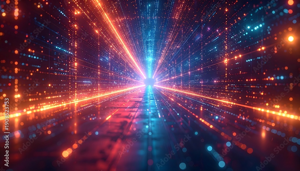 Obraz premium Abstract glowing digital tunnel representing data flow and technology cyberspace with vibrant blue and red light beams, a futuristic network conduit