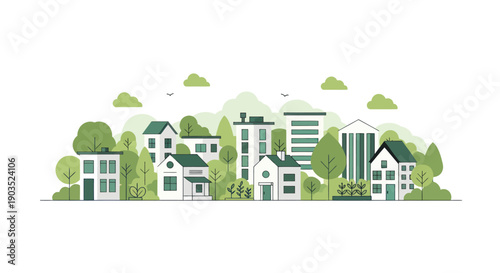 Flat design cityscape with green trees and modern buildings, ecological urban landscape