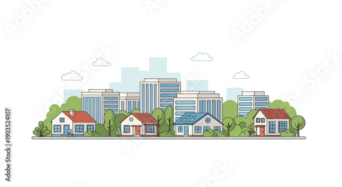Flat illustration of a cityscape with residential houses and modern buildings.