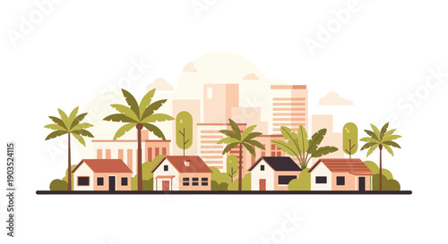 Cozy suburban neighborhood with palm trees and city skyline background