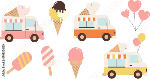 Cute ice cream truck illustration set with colorful vans popsicles cones balloons and summer treats in playful flat cartoon style for kids and food designs