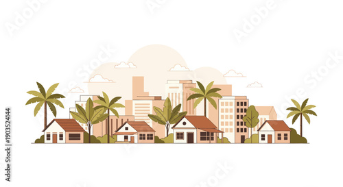 Tropical Cityscape with Palm Trees and Houses