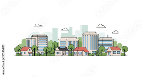 Modern city skyline with residential homes and green trees, flat design