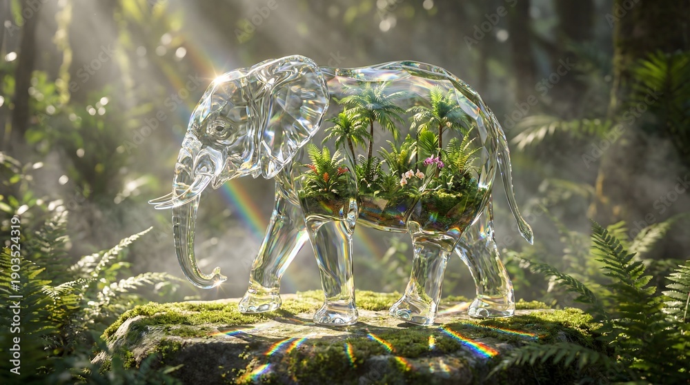 Fototapeta premium Crystal elephant with lush greenery inside in misty forest