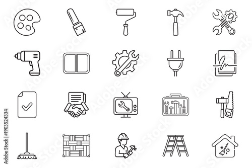Handyman web icons line art Icon Set. Hammer, saw, floor cleaning, step ladder, TV maintenance, electric drill, cleaning house collection. Vector illustration