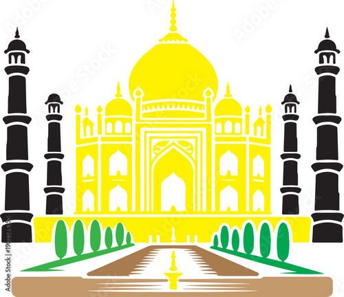Stylized Taj Mahal vector illustration with yellow dome and black minarets for India travel tourism cultural heritage landmark and world wonder monument isolated on white background