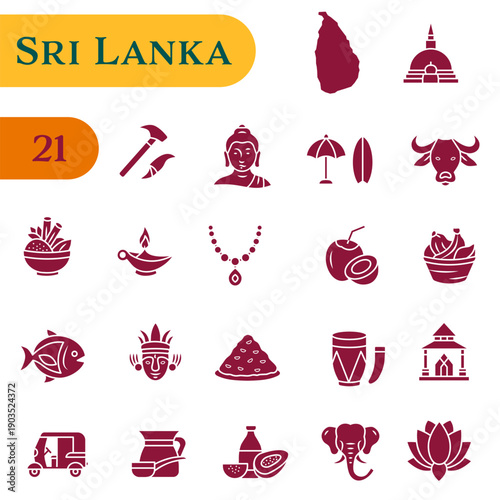 Icons about Sri Lankan traditions, culture, and symbols. A set of solid icons about Sri Lanka.