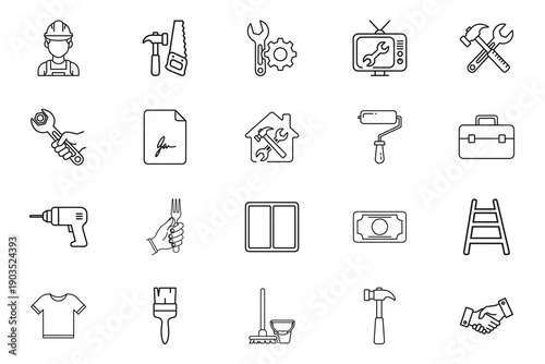 Handyman web icons line art Icon Set. Maintenance, plumbing, electrical, consultation, cleaning, installation , repair, collection. Vector illustration