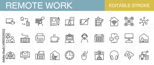 リモートワークや在宅勤務に関するアイコンセット（線幅変更可能）