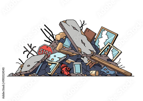 pile of urban debris with broken glass and stop sign after disaster vector illustration