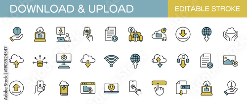 ダウンロードとアップロードに関するラインアイコンセット（線幅変更可能・カラー）