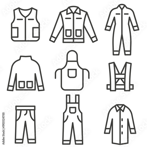 A set of icons of work clothes and special uniforms with a thin line.