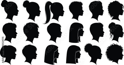 Head profile silhouette icon set, eighteen hairstyles including buns ponytails curls straight cuts and updos, black vector illustration, fashion and diversity theme, isolated background