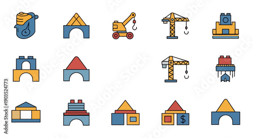 Construction machinery and building icon set flat color vector