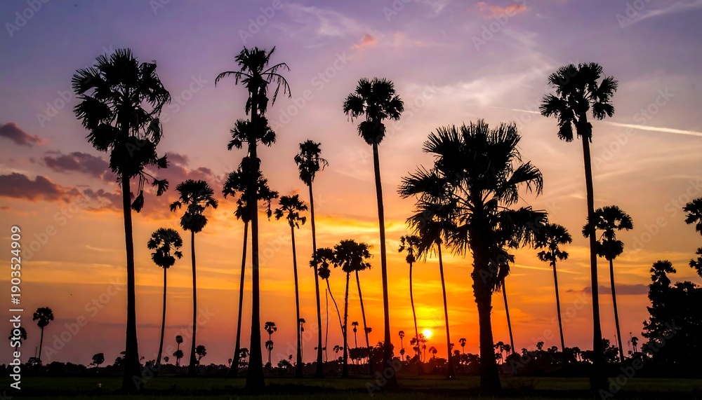 Obraz premium Silhouette of palm trees against a vibrant sunset sky.