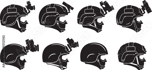 Black football helmets with face masks in profile view