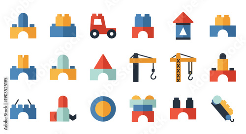Construction blocks and crane icon set flat color vector