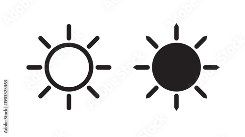 Sun icons minimal vector set with outline and solid glyph styles, black weather symbols for UI, app buttons, forecast, brightness control, and climate design