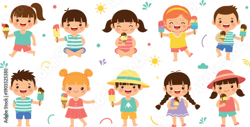 Cute kids enjoying ice cream character set with happy summer vibes, playful children cartoon flat vector illustration for seasonal, food and kids design