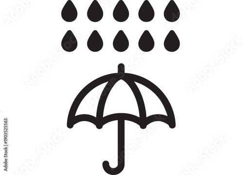 Umbrella rain icon with falling water drops above, minimal black silhouette weather symbol for forecast apps, protection concept, simple flat pictogram isolated